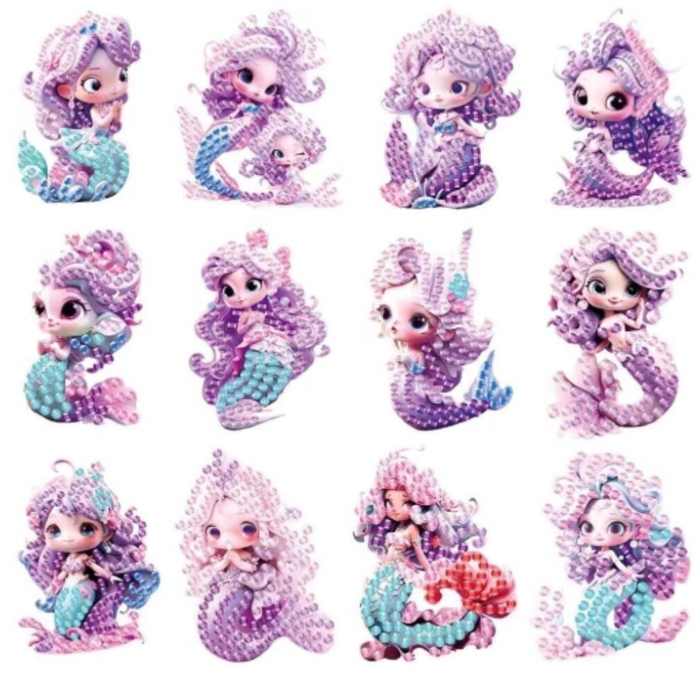 Kids Diamond Painting Kits,Kids Gem Art,12PCS Mermaid Stickers,Diamond Art